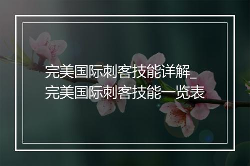 完美国际刺客技能详解_完美国际刺客技能一览表